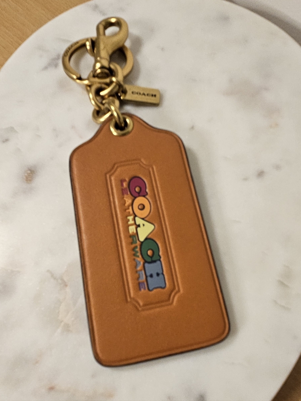 COACH Saddle Brown Leather Rainbow Multicolor Logo Keychain Tag 🌈